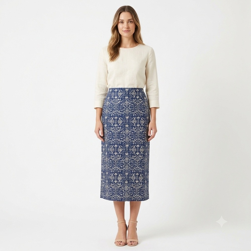 90s Talbots Blue & White Damask Woven Linen Blend Midi Skirt Size 6 Coastal Chic